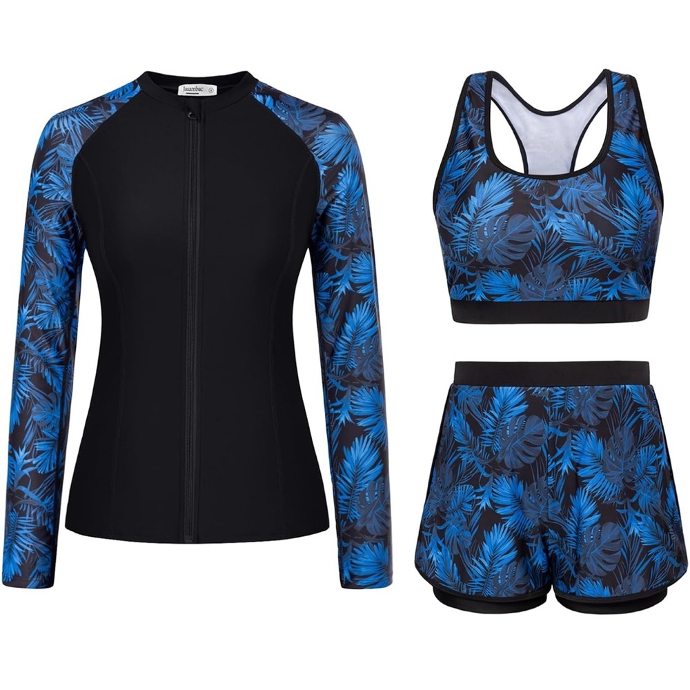 NWOT Blue and Black Tropical Print Women's Swim T-Shirt 3 pieces